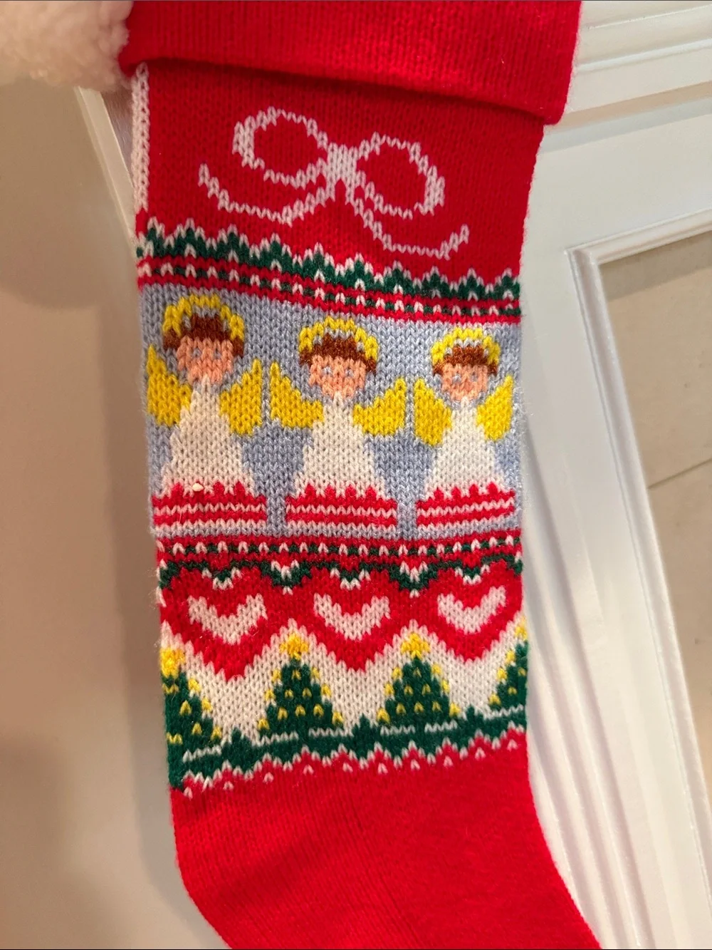 Vintage 1983 Hallmark Angels Hearts Bow Knit Red  Christmas Stocking Pom Pom
